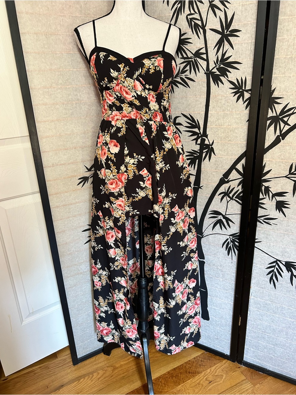 Band of Gypsies Floral Hi-Low Split Front Romper Maxi Overlay Sz M Bra Cup Boho